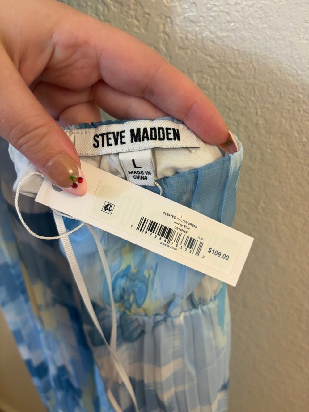 Steve Madden Pleated Halter Maxi Dress Hazy Blue Floral Print Open Back Size L - Picture 5 of 5